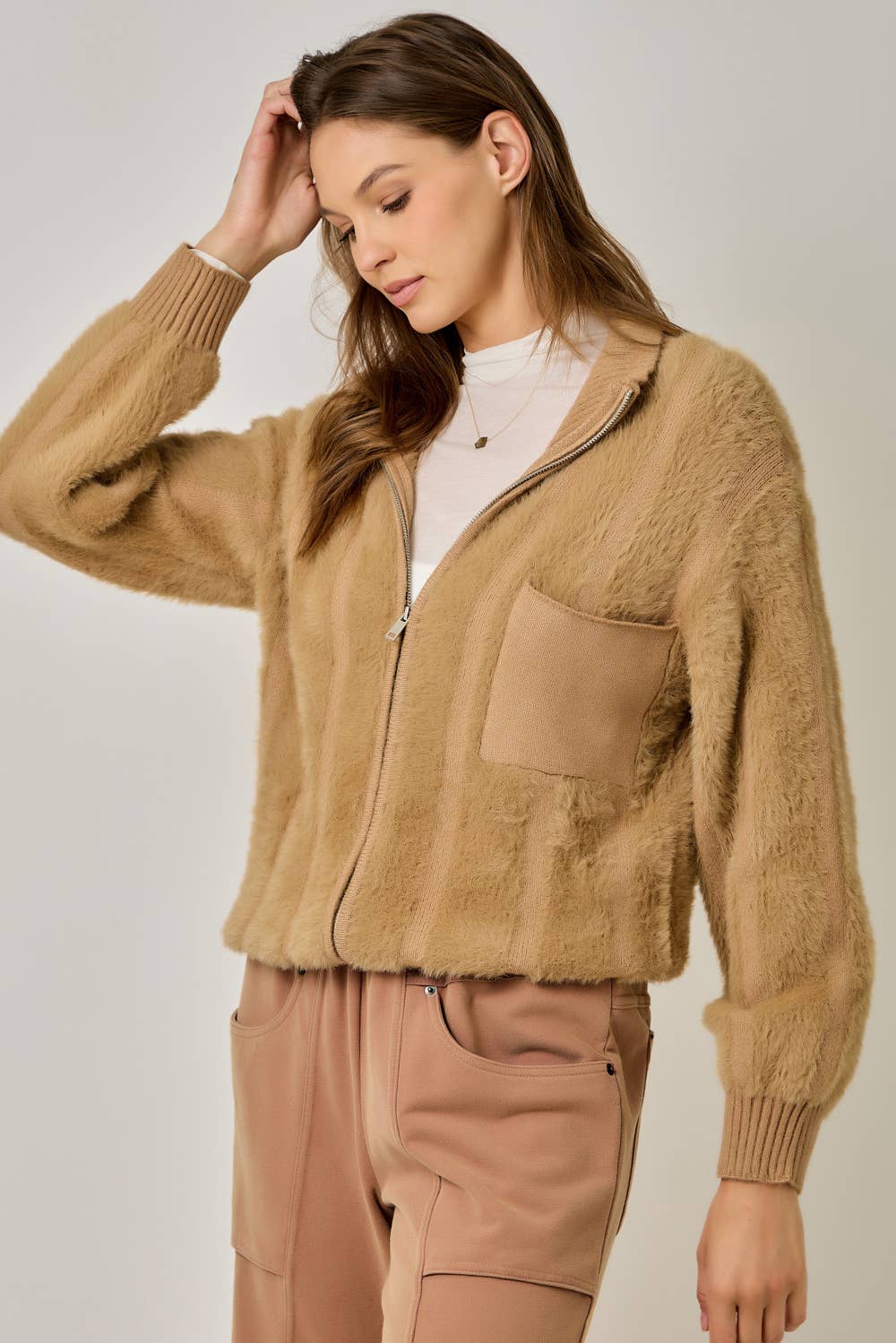 Fuzzy Zip-Up Sweater Jacket
