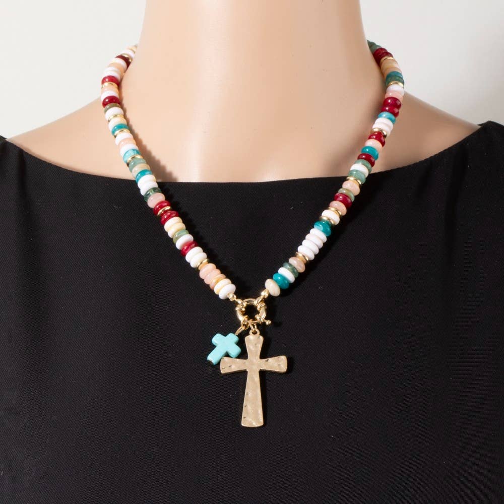 Acrylic Disc Beaded Double Cross Pendant Necklace