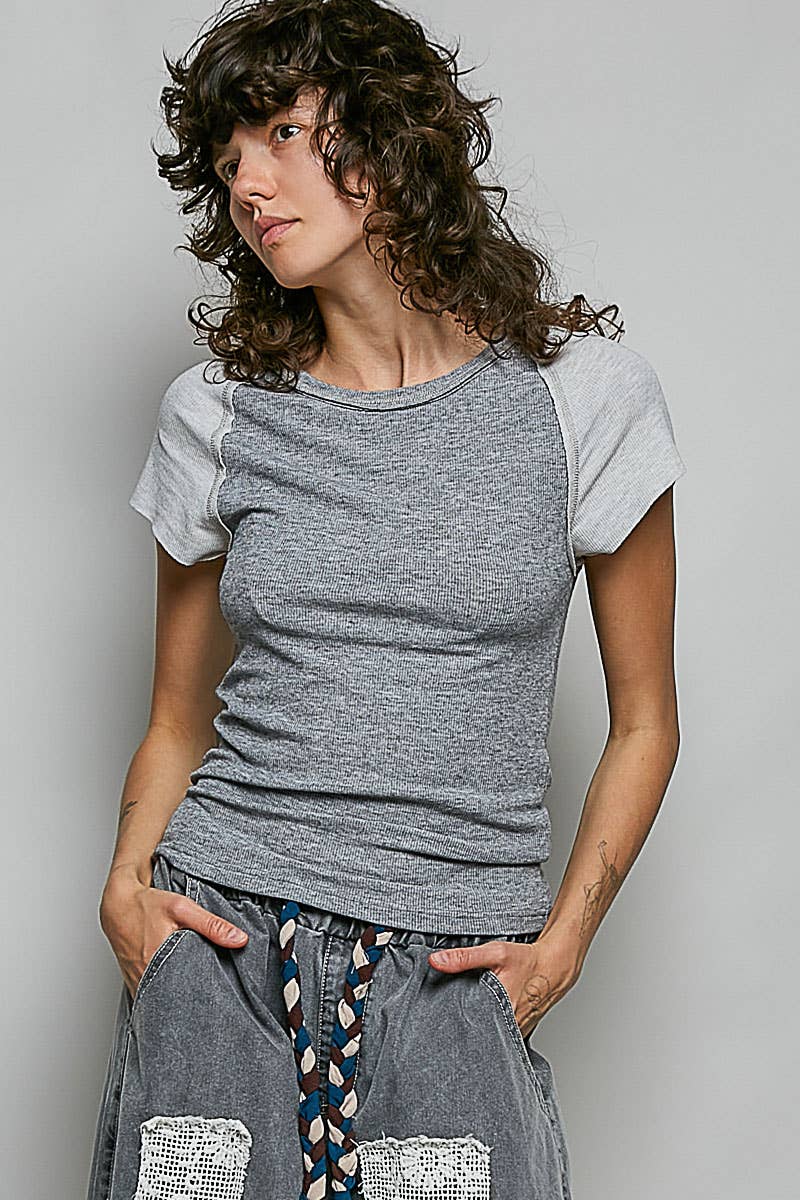 Round Neck Raglan Sleeve Contrast Solid Fitted Rib Top