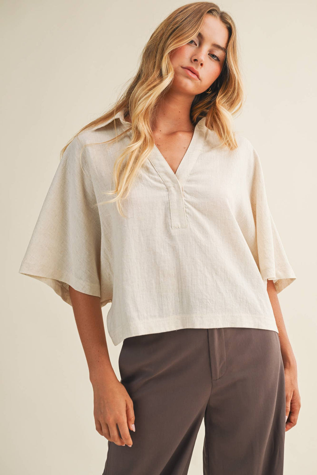 Textured Drape Sleeve Collared Blouse
