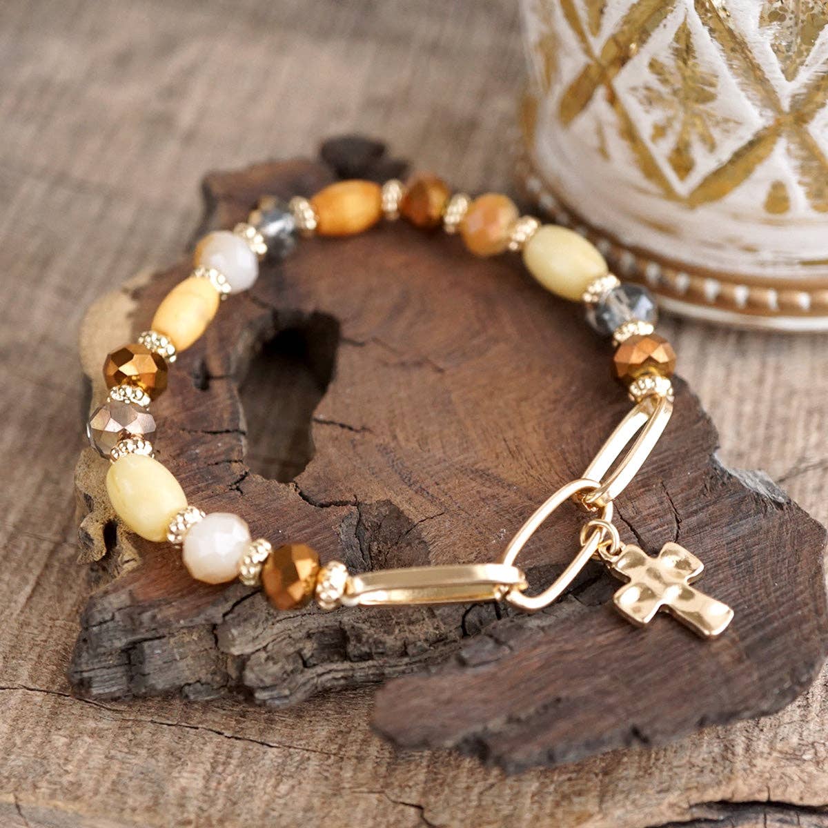 Beaded Cross Charm and Chain Bracelet - Azure Faith