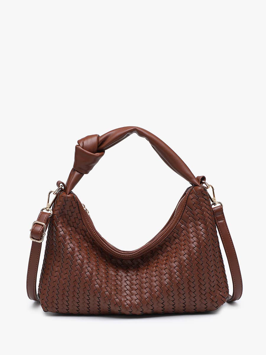 A stylish handwoven convertible bag with adjustable ventilation and zip closure.