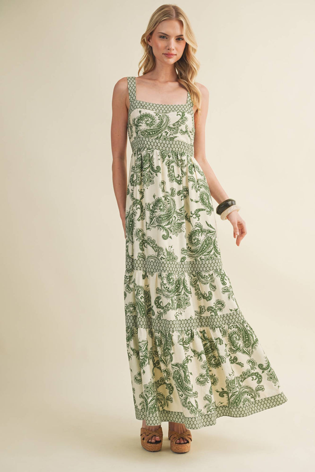 Banded Paisley Print Tiered Maxi Dress