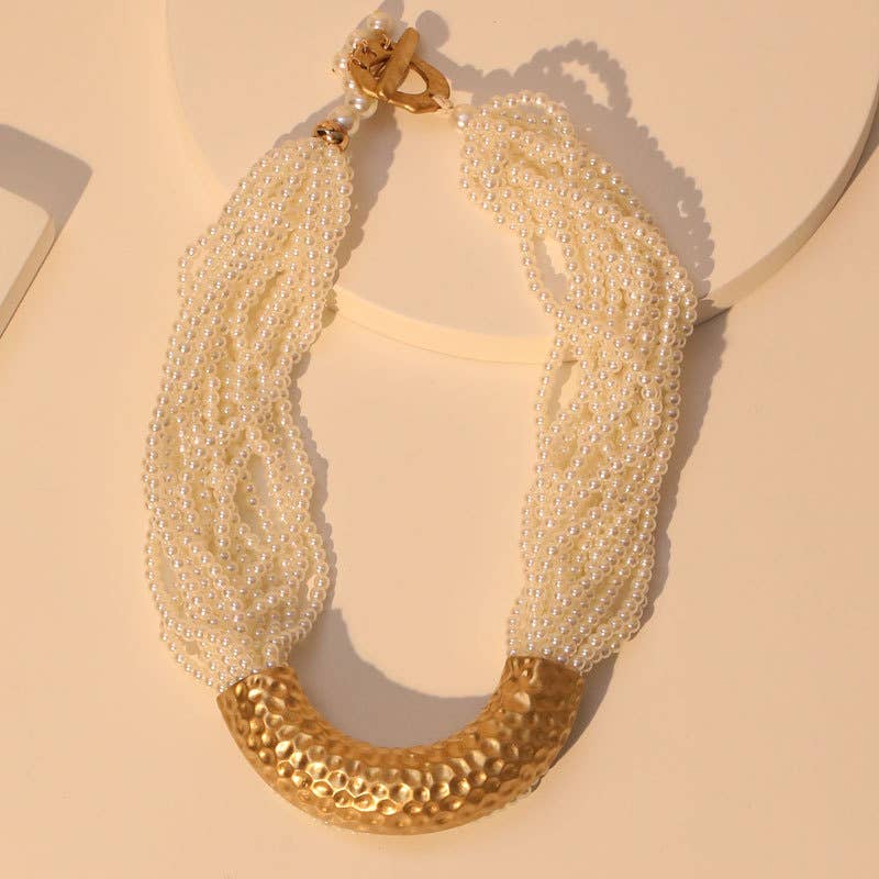 Perlies & Textured Gold Arc Necklace in Ivory