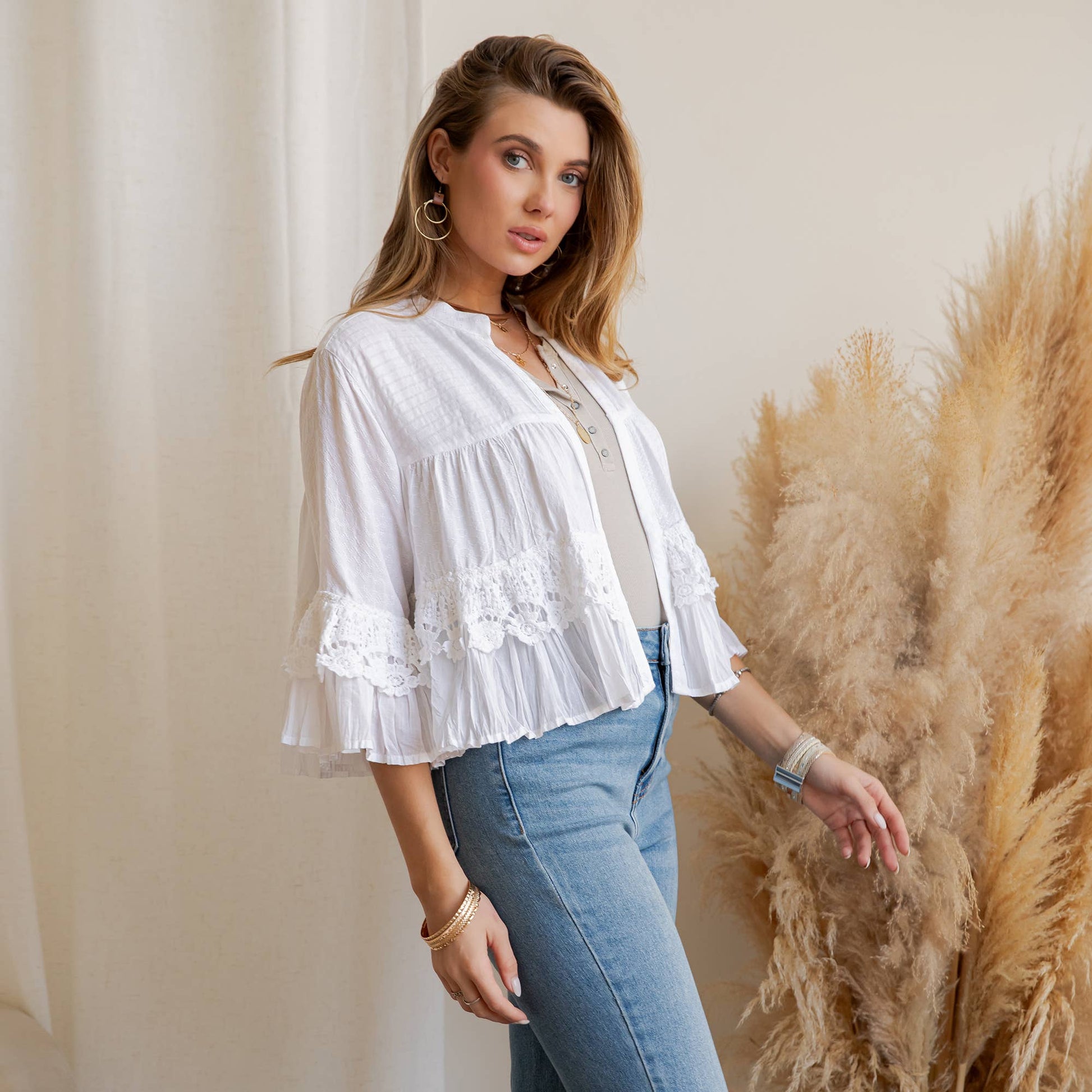Boho Tiered Crochet Lace Open Front Shrug