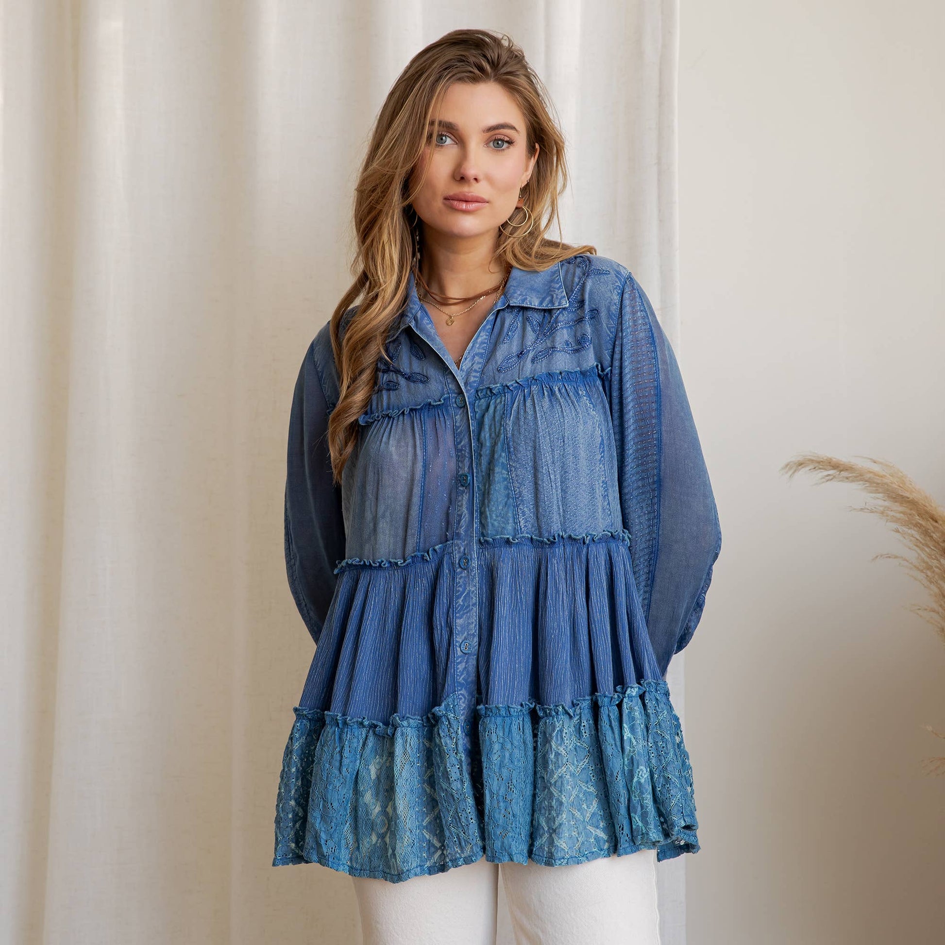 Mineral Wash Tiered Button-Down Blouse with Floral Details
