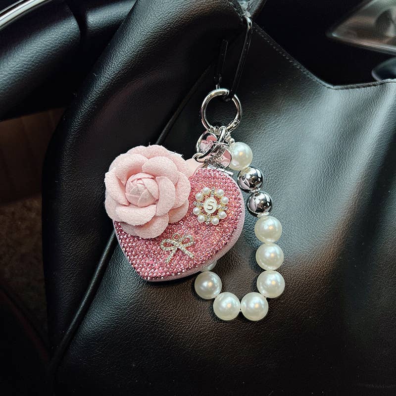 Heart Mirror Keychain with Flower and Pearl Charm 60261