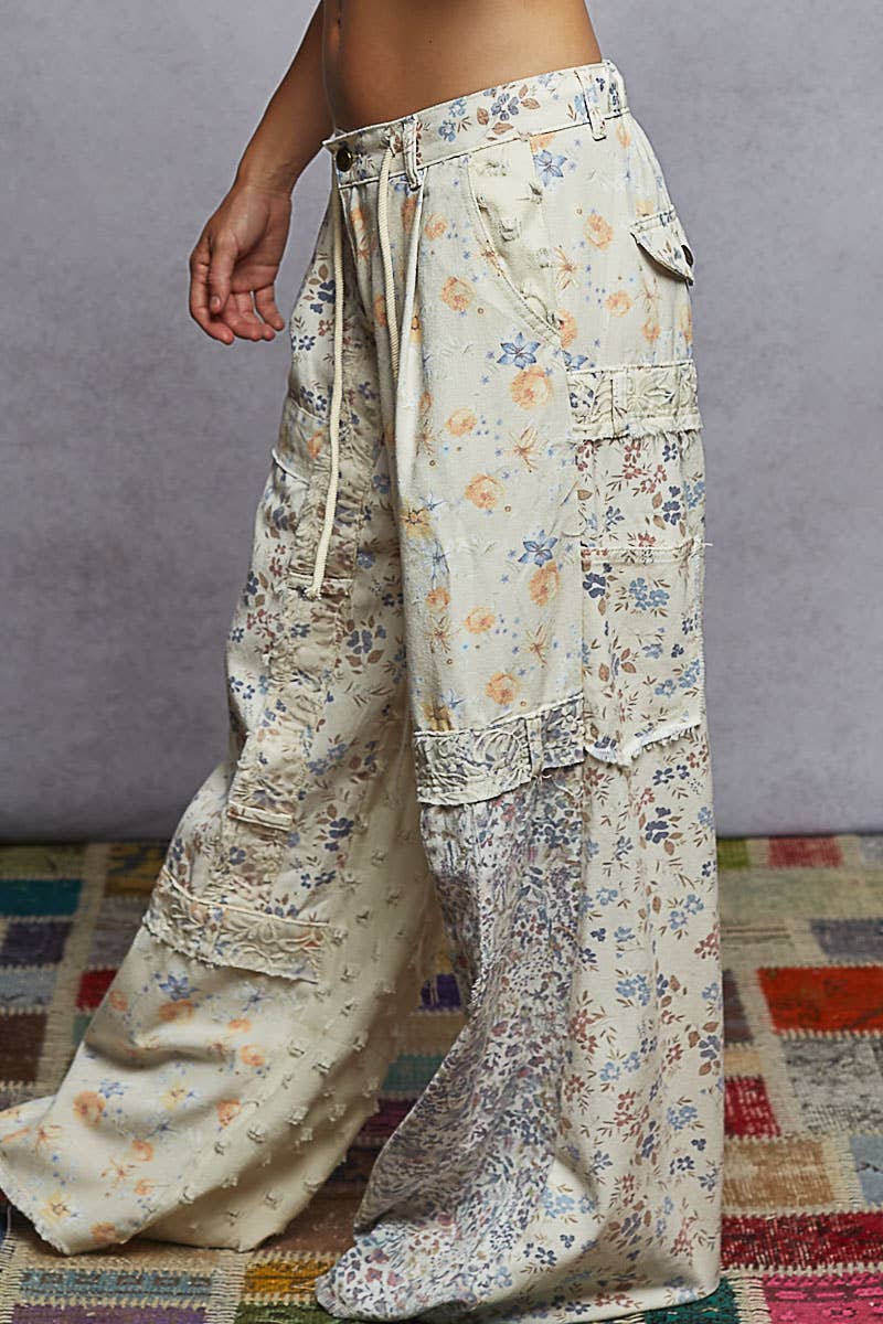 POL Lace-Overlay Detailed Denim Woven Pants