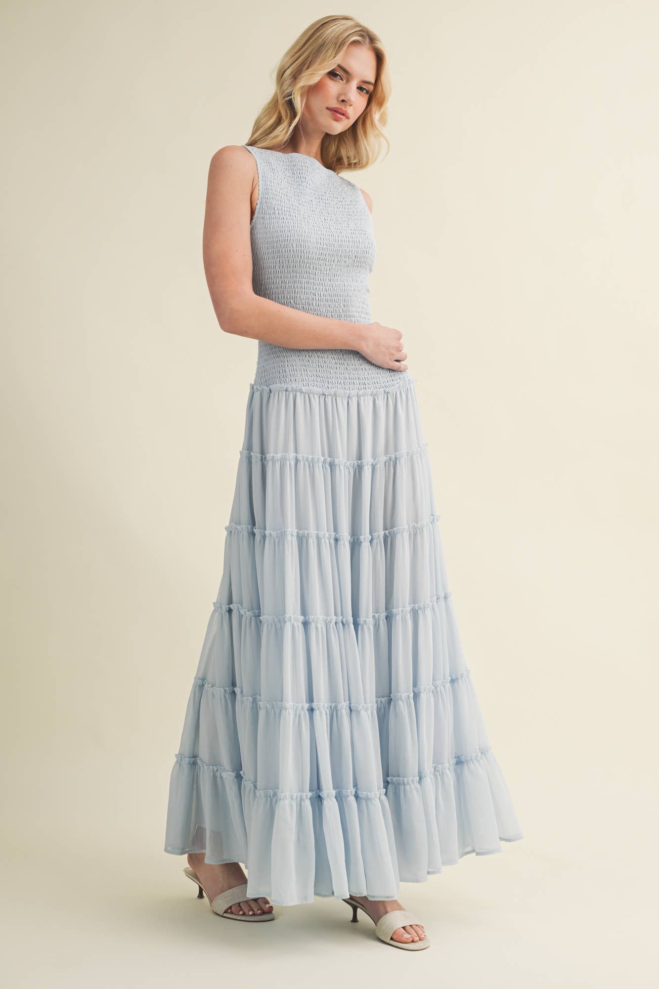 Smocked Boat Neck Tiered Maxi Dress