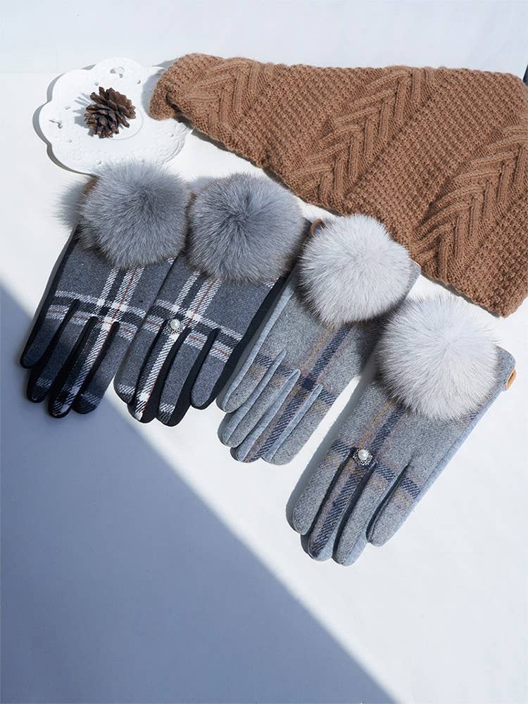 Checks Winter Gloves with Faux Fur Pompom