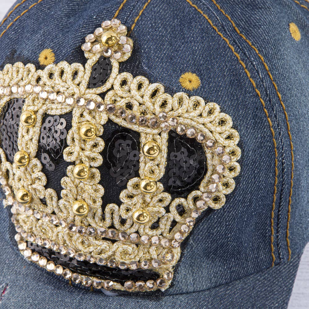 Sequin Crown Rhinestone Distressed Denim Baseball Cap