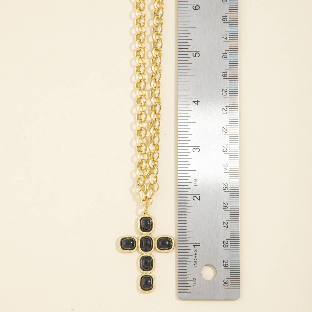 Cabochon Cross Pendant Rolo Chain Necklace