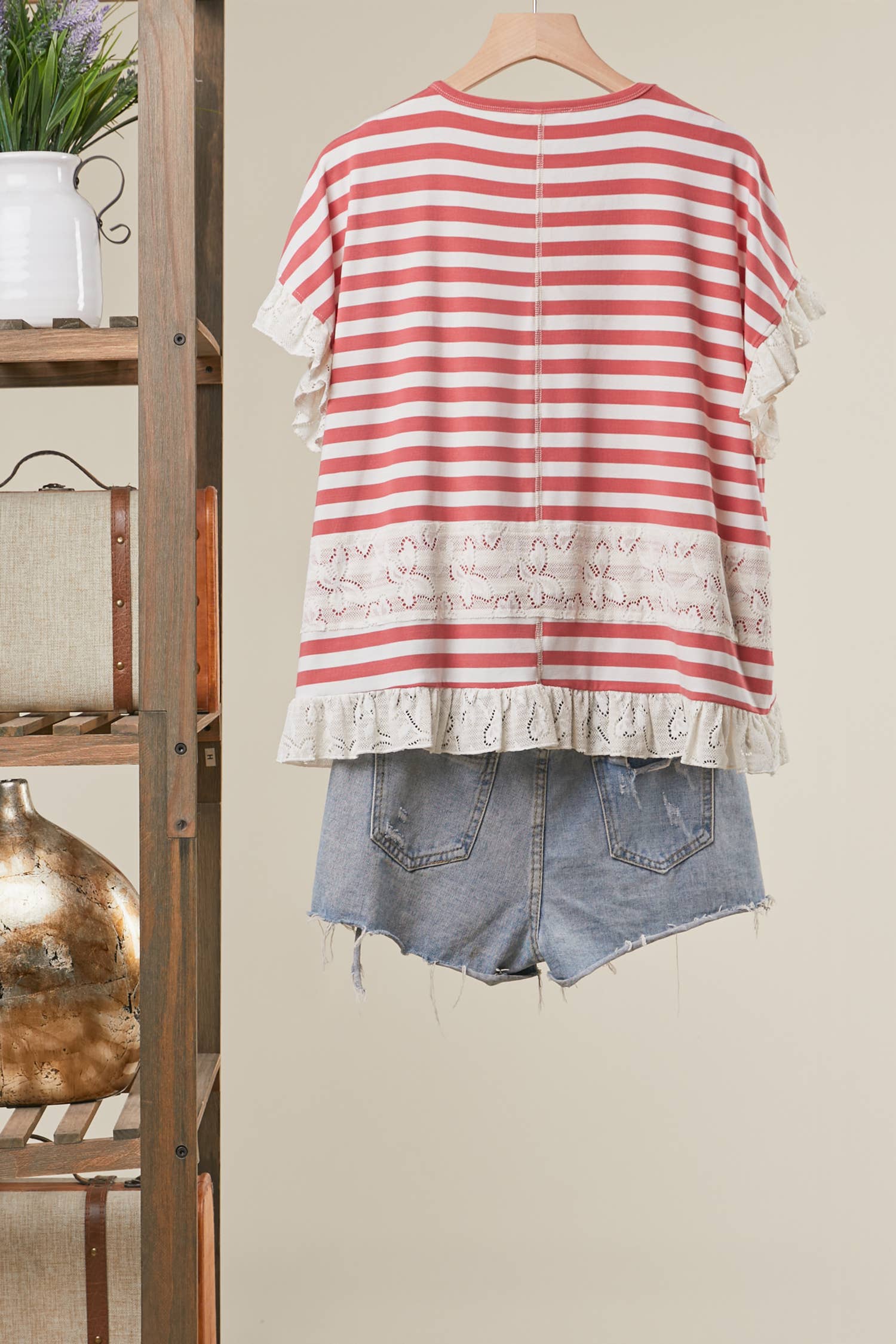 Striped Lace Trim Relaxed Top