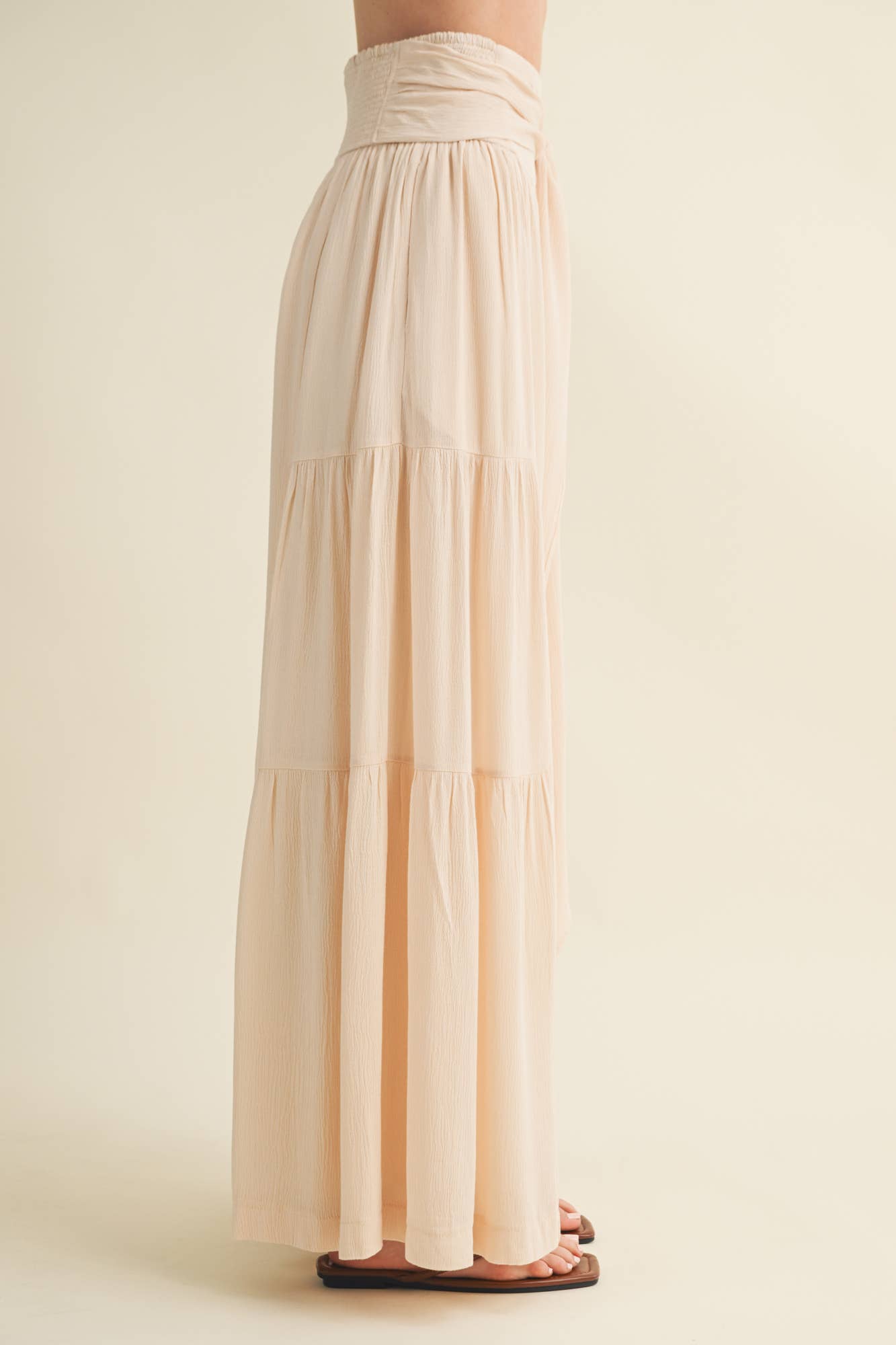 Smocked Tie-Waist Tiered Palazzo Pant