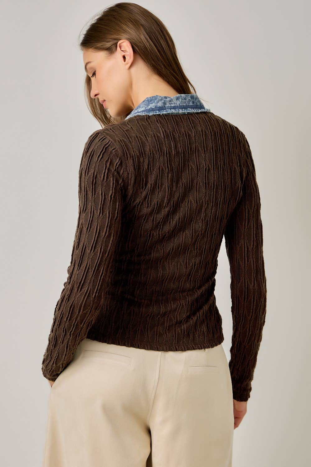 Denim Mix Textured Knit Henley Top
