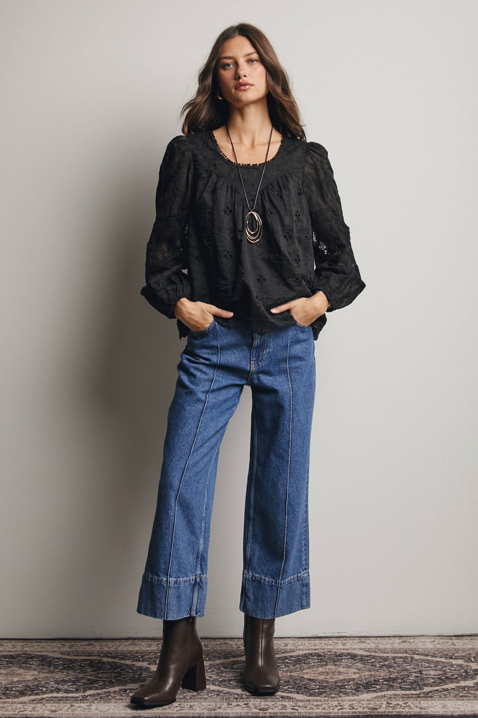 Embroidered Lace Puff Sleeve Blouse