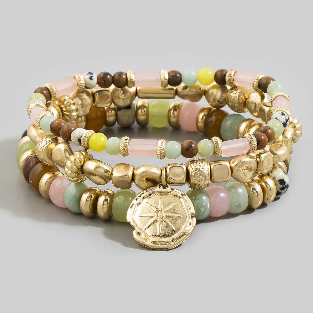 Three Strand Semi Stone Tube Bead Coin Bracelet