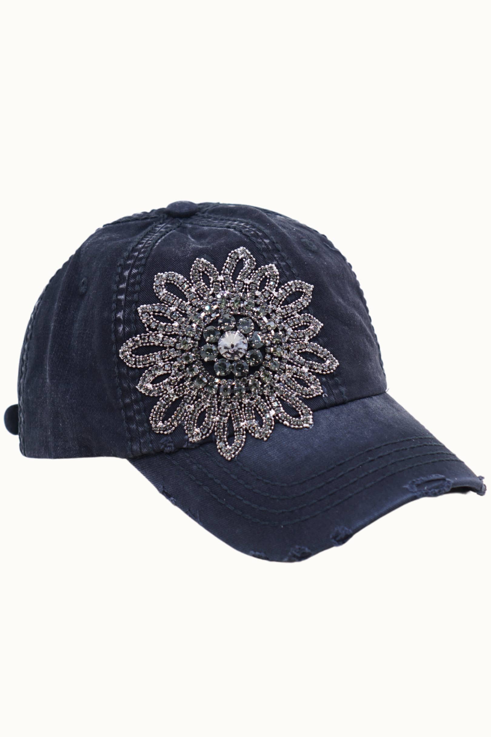 Sunflower Bejeweled Glitz Distressed Cap, Adjustable