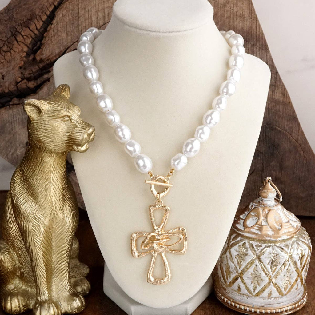 Pearl Cross Necklace – Gold tone - Wrapped Grace