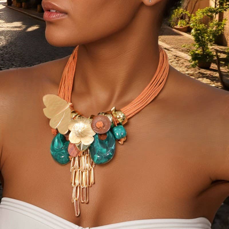 Floral & Teal Drop Chunky Necklace in Green/Gold