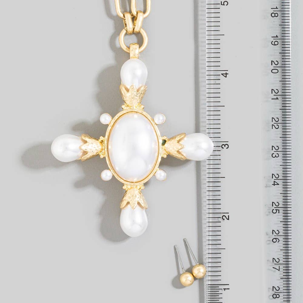 Chain Link Pearl Cross Pendant Necklace Set