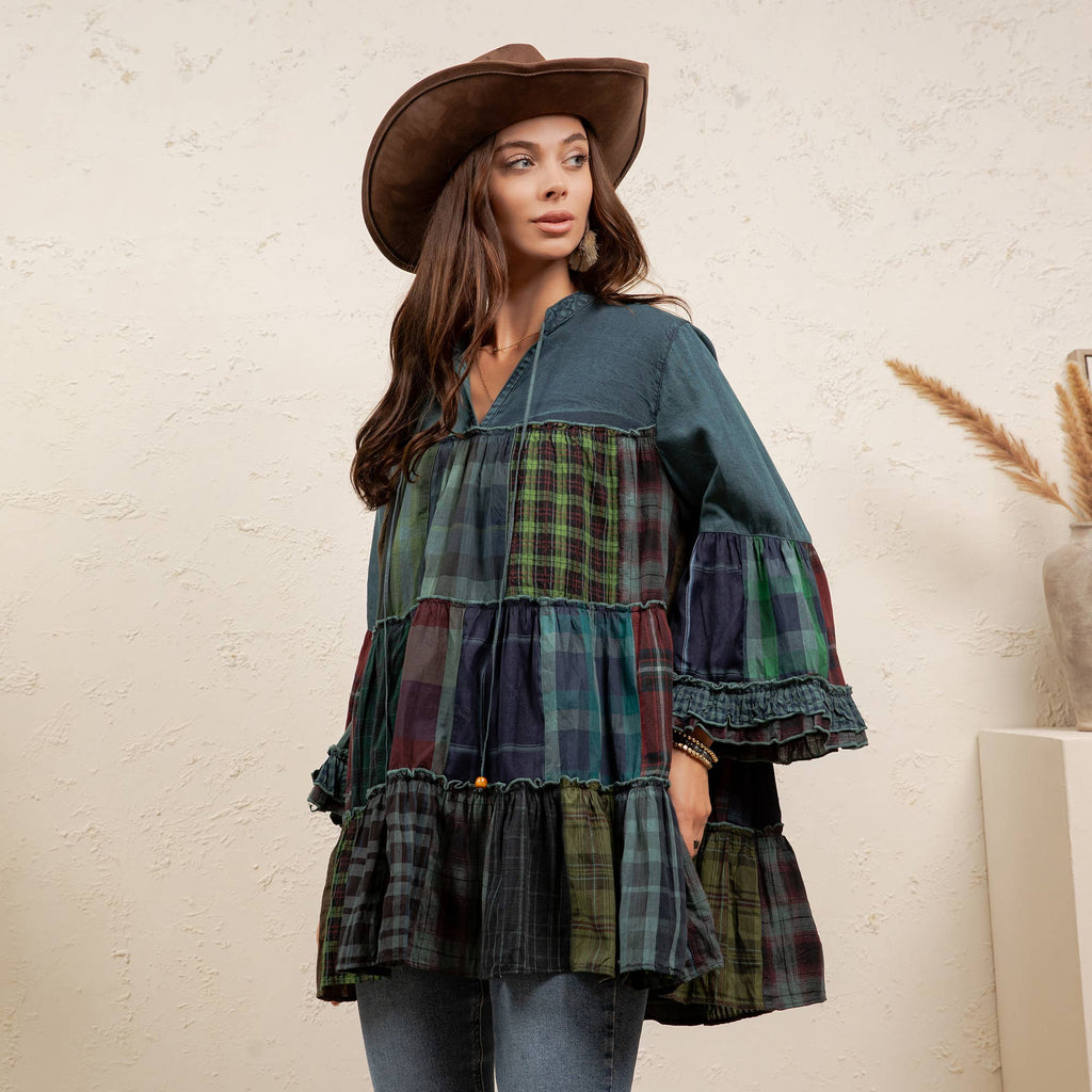 Boho Tiered Plaid Denim Patchwork Tunic -Bell Sleeve Top NEW
