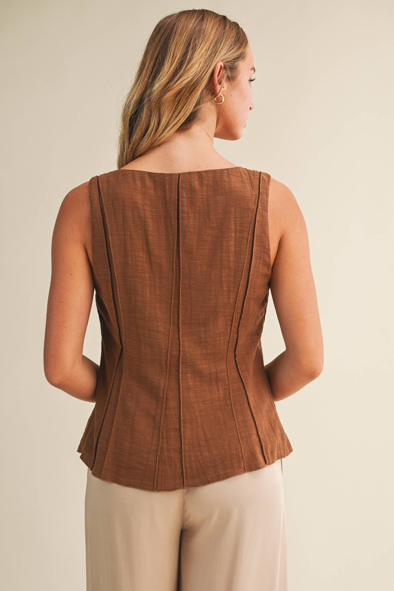 Square Neck Pintuck Buttoned Vest Top