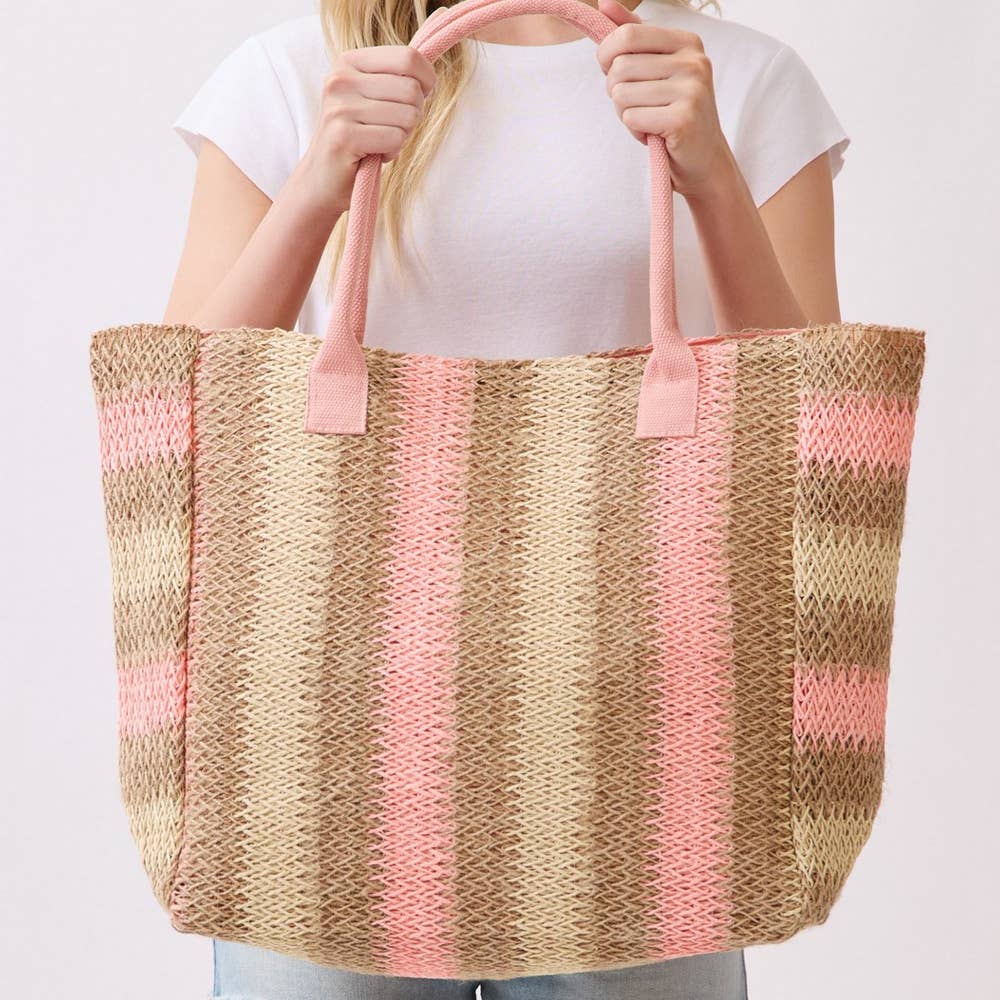 Large Straw Braided Striped Tote Bag