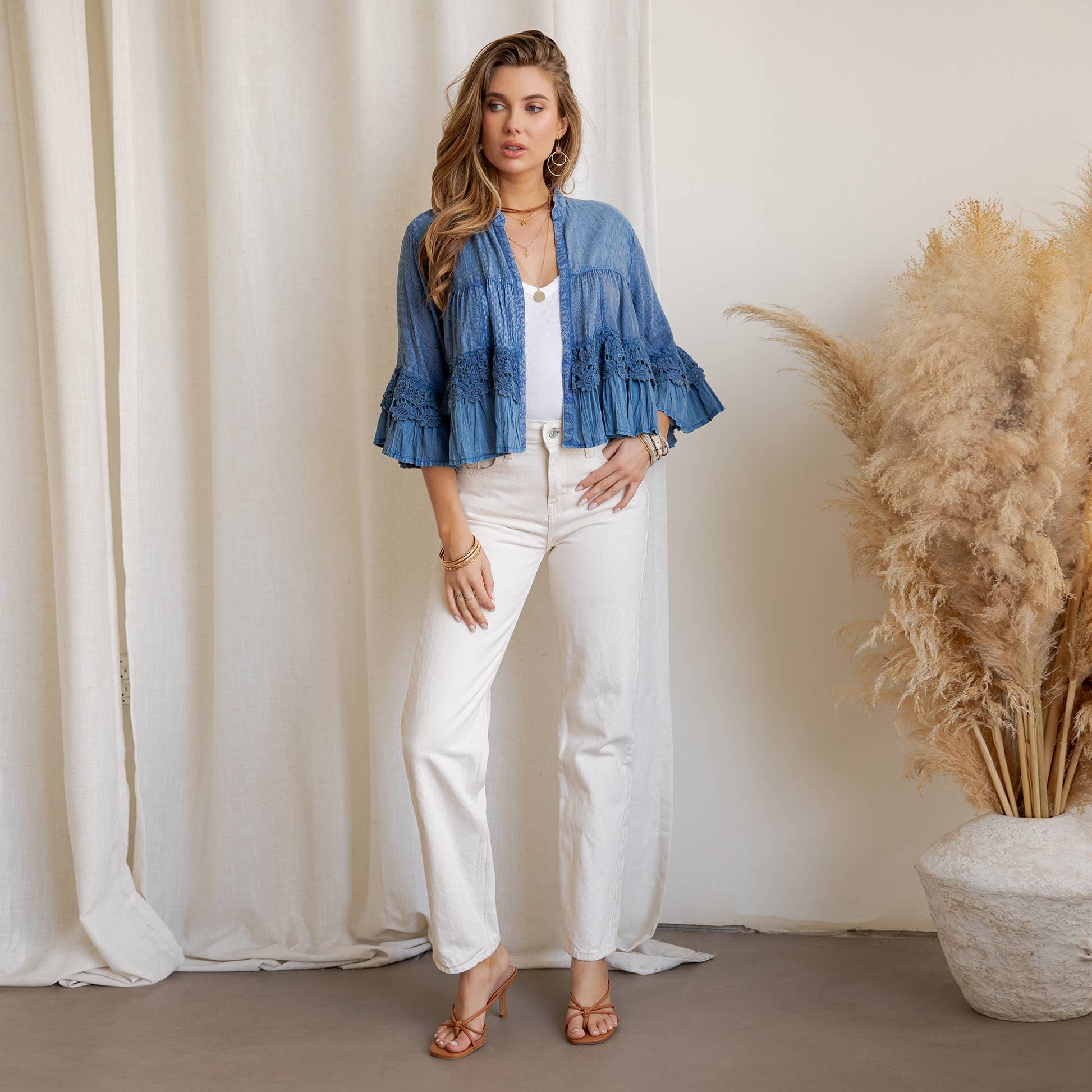 Boho Tiered Crochet Lace Open Front Shrug