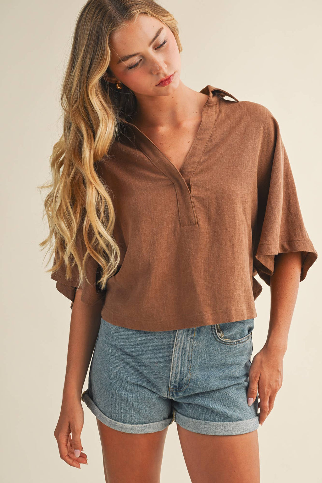 Textured Drape Sleeve Collared Blouse