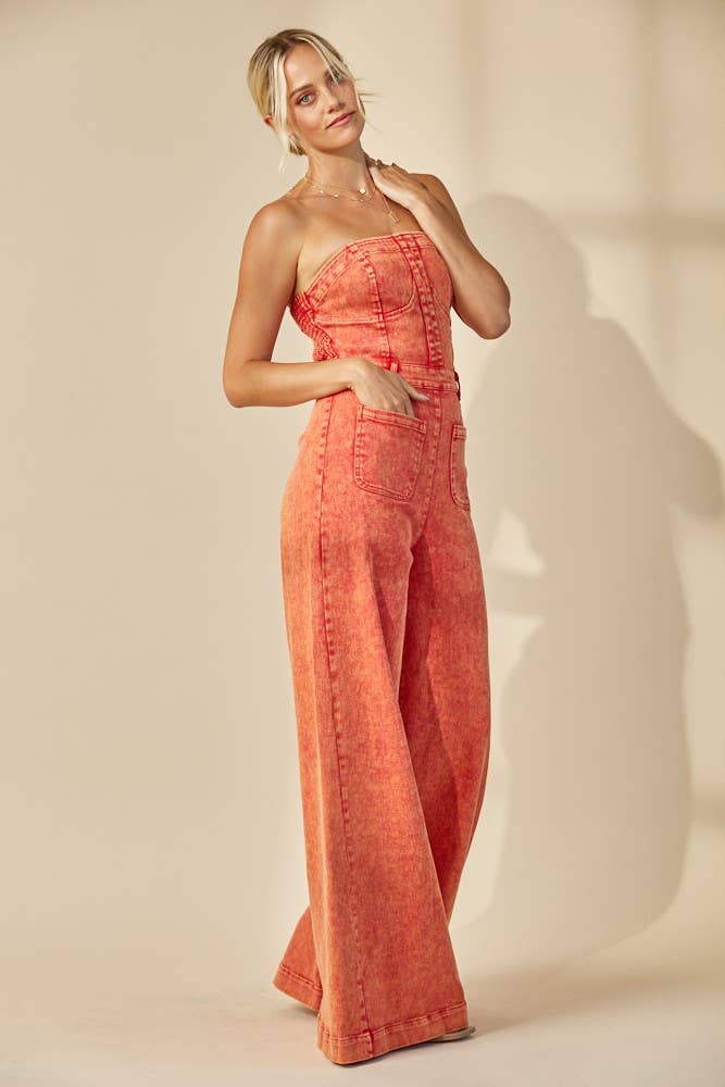 Boho Babe Mineral Wash Wide Leg Jumpsuit