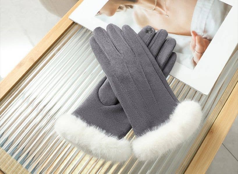 Winter Gloves with Plush White Faux Fur