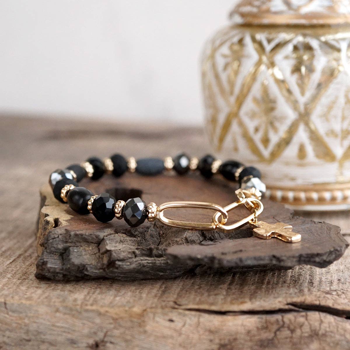 Beaded Cross Charm and Chain Bracelet - Azure Faith