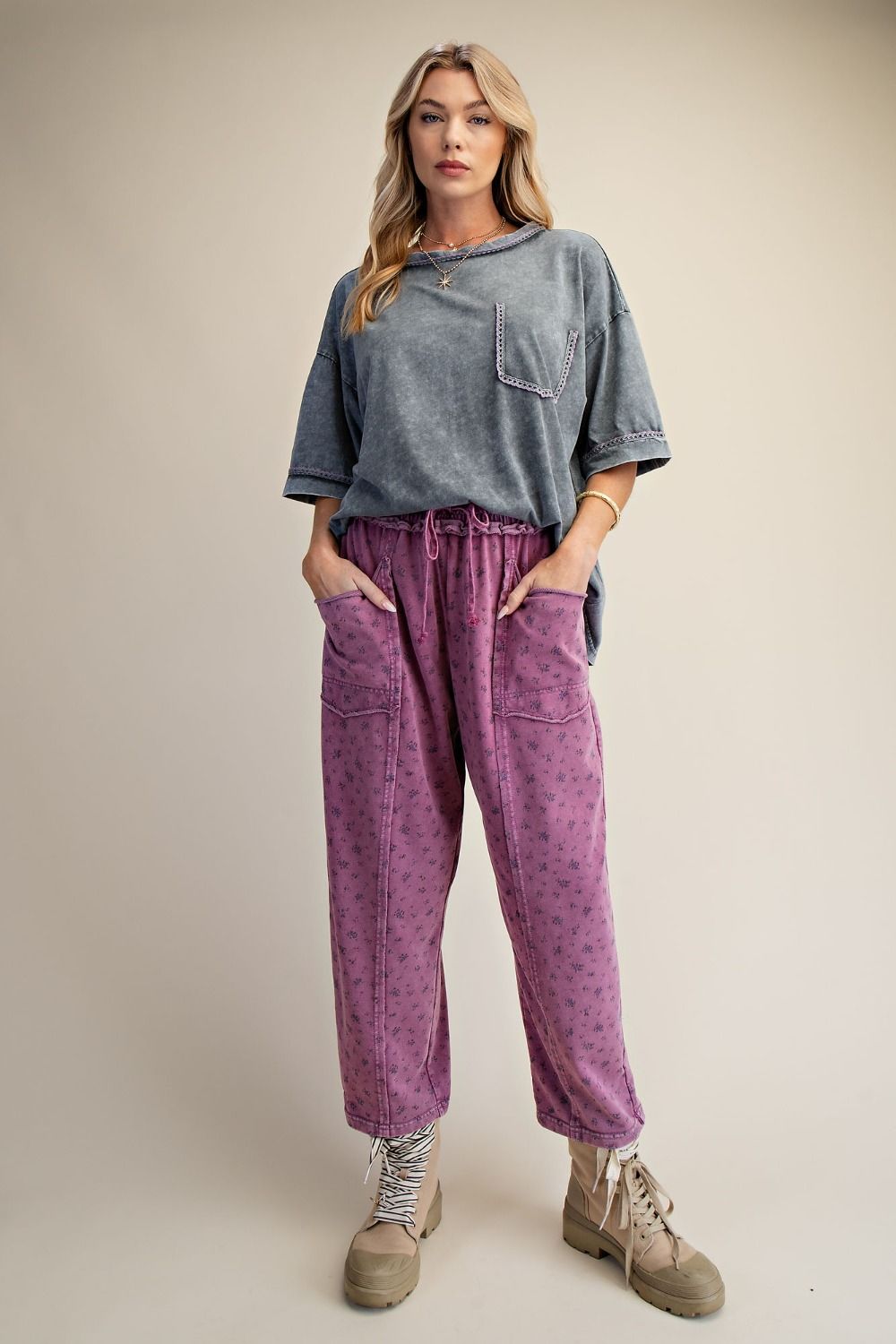 Easel Ditsy Printed Washed Terry Pants