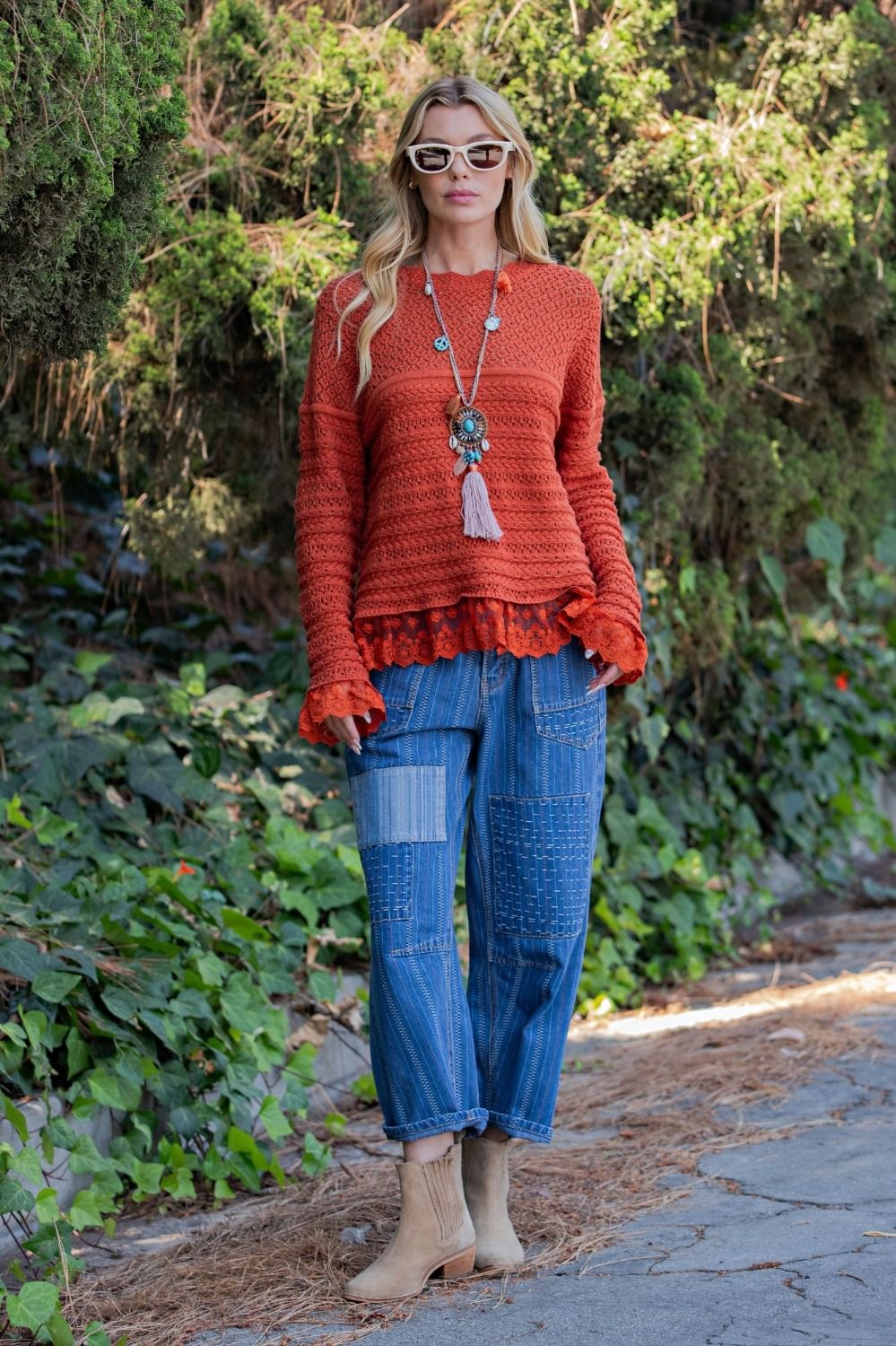 Easel Adeline Embroidered Washed Denim Barrel Pants