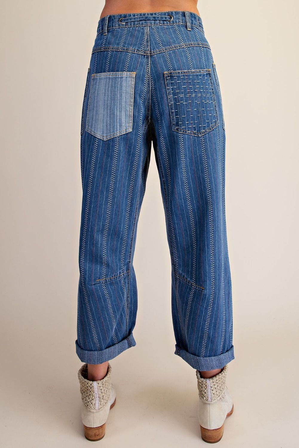 Easel Adeline Embroidered Washed Denim Barrel Pants