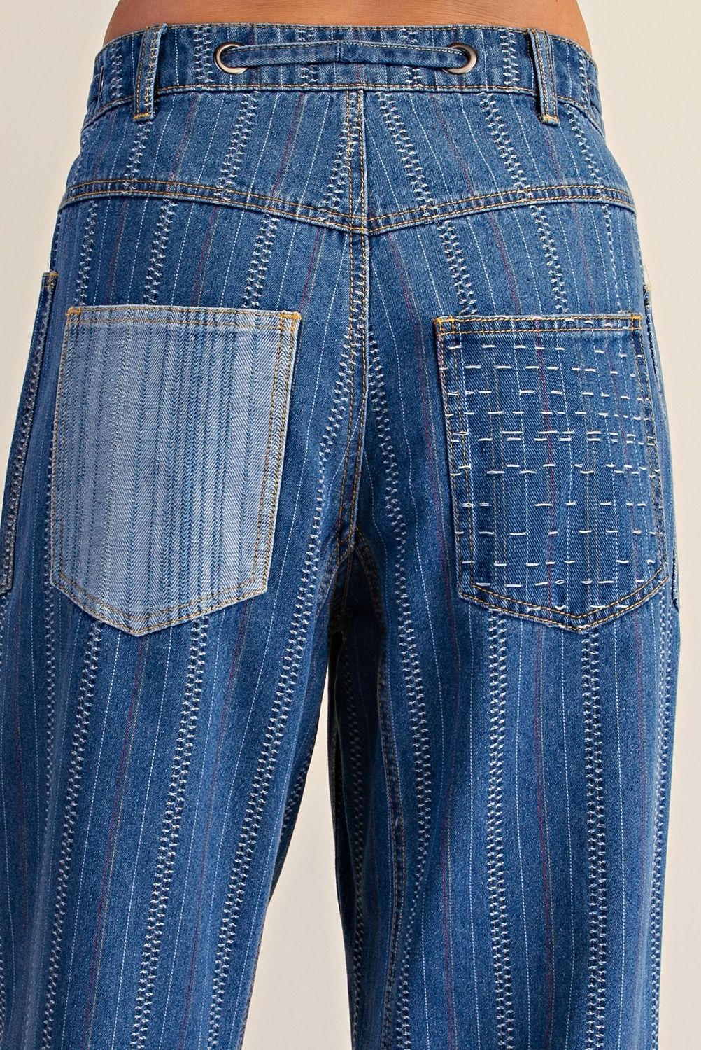 Easel Adeline Embroidered Washed Denim Barrel Pants