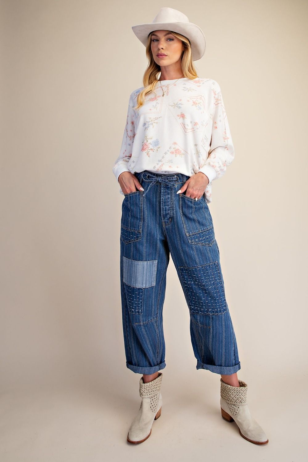 Easel Adeline Embroidered Washed Denim Barrel Pants