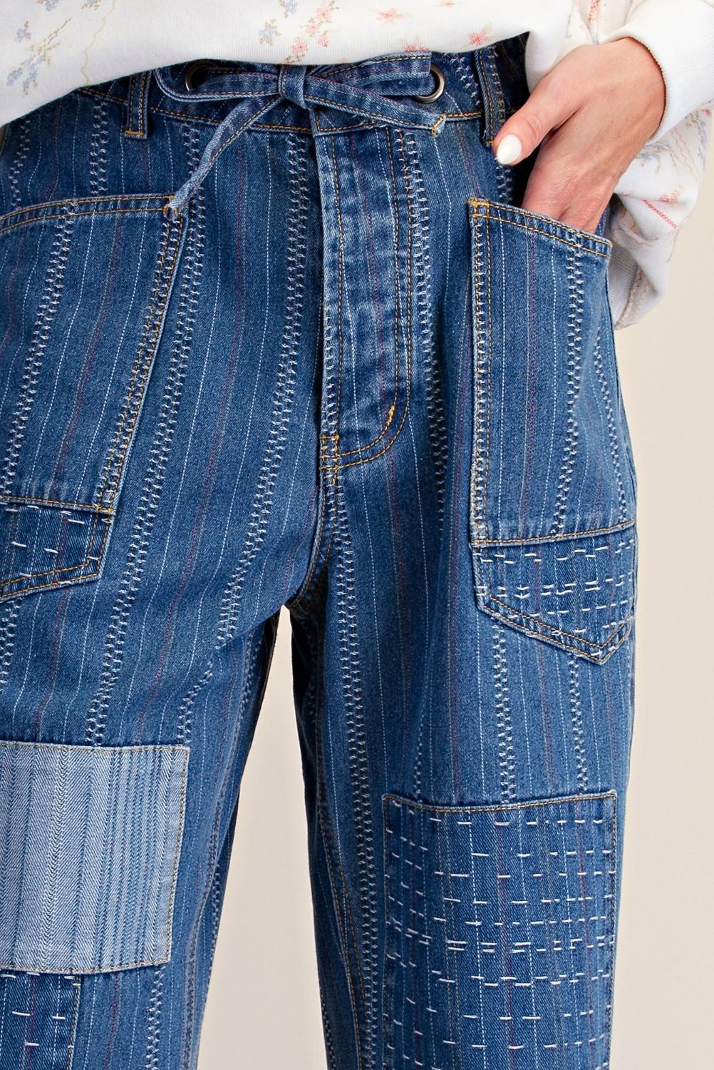 Easel Adeline Embroidered Washed Denim Barrel Pants