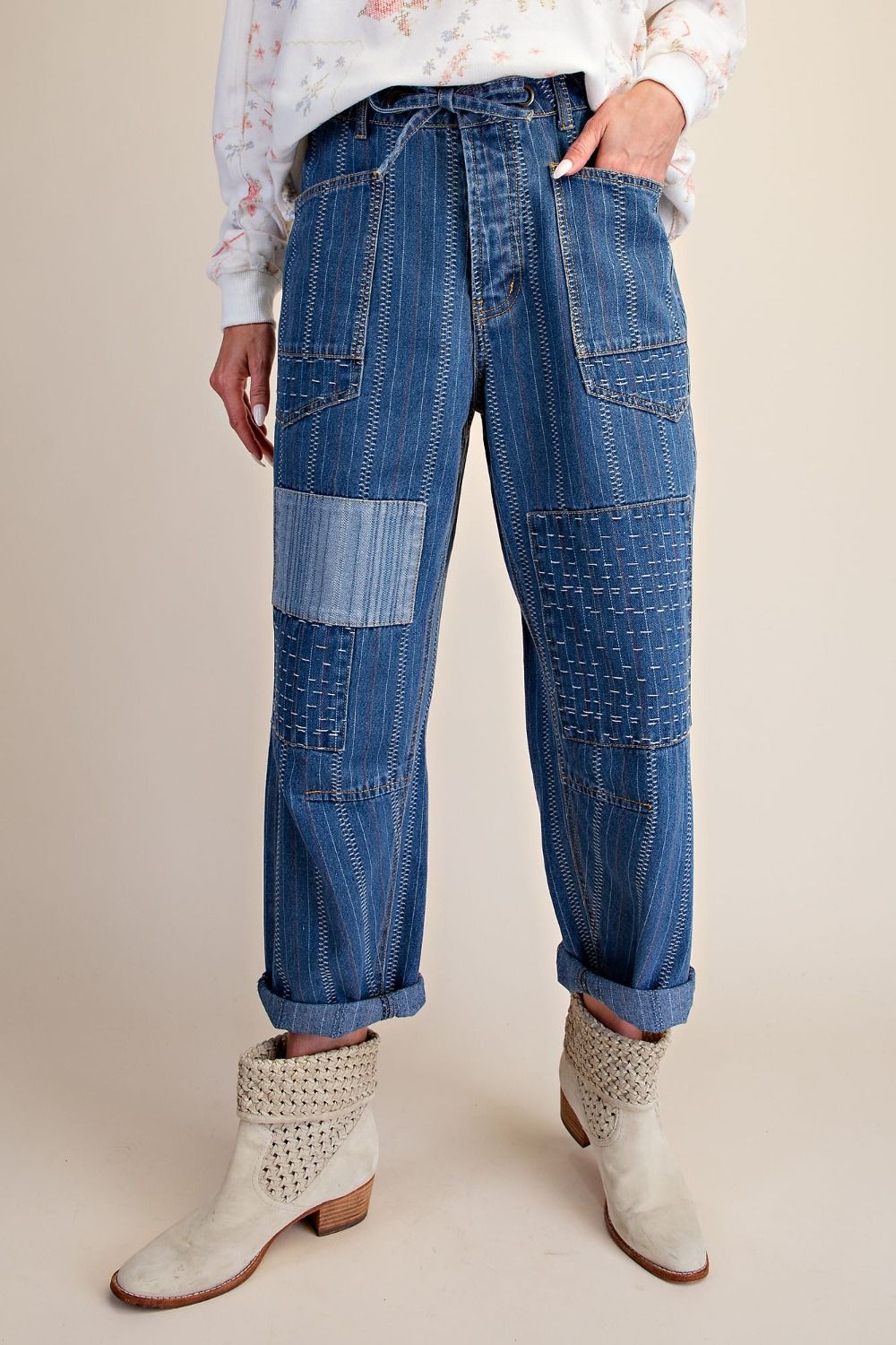 Easel Adeline Embroidered Washed Denim Barrel Pants