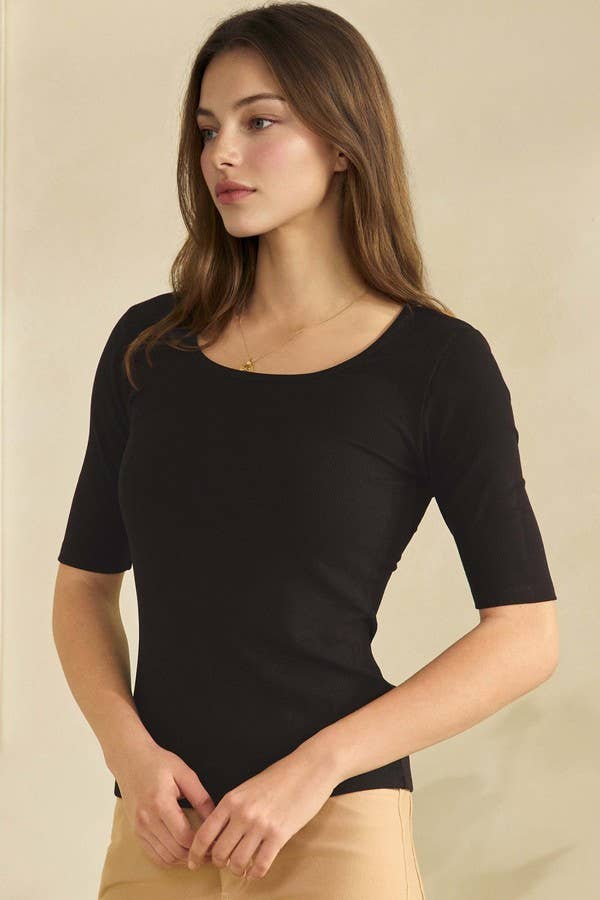 Pure Comfort Modern Mid Sleeve Ribbed Fitted Top