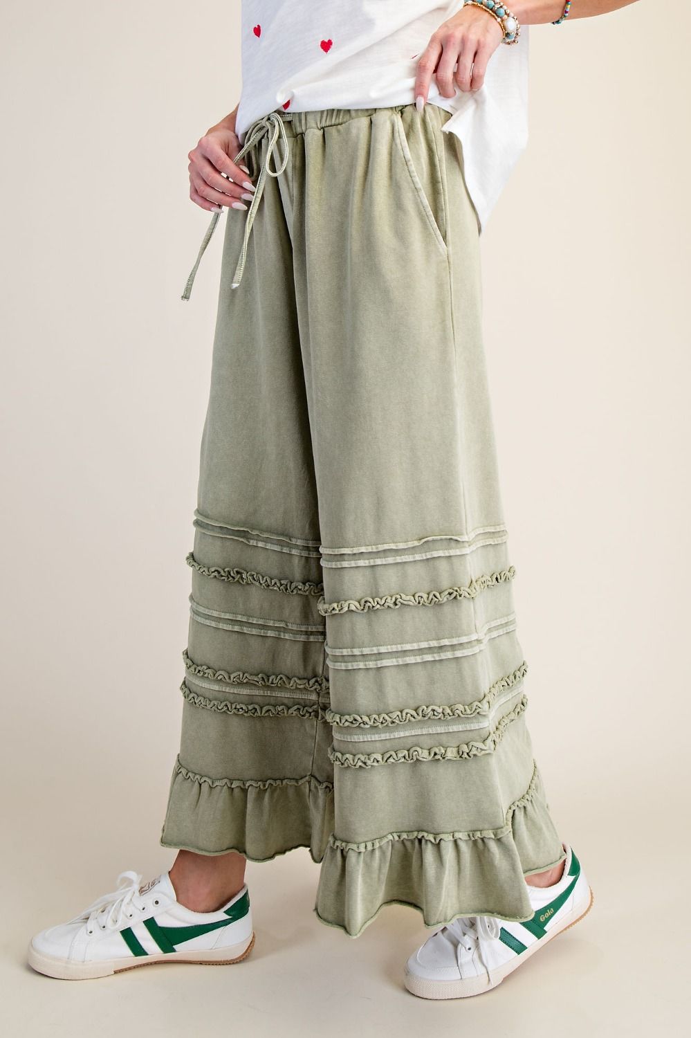 Easel Washed Terry Tiered Ruffle Wide Leg Pants