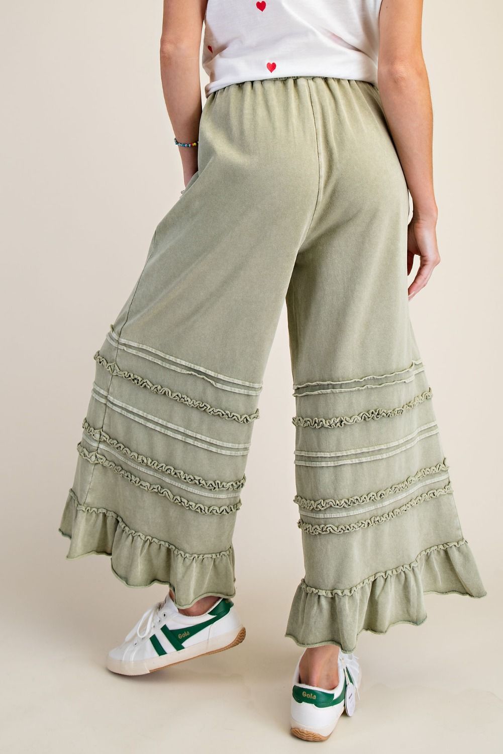 Easel Washed Terry Tiered Ruffle Wide Leg Pants