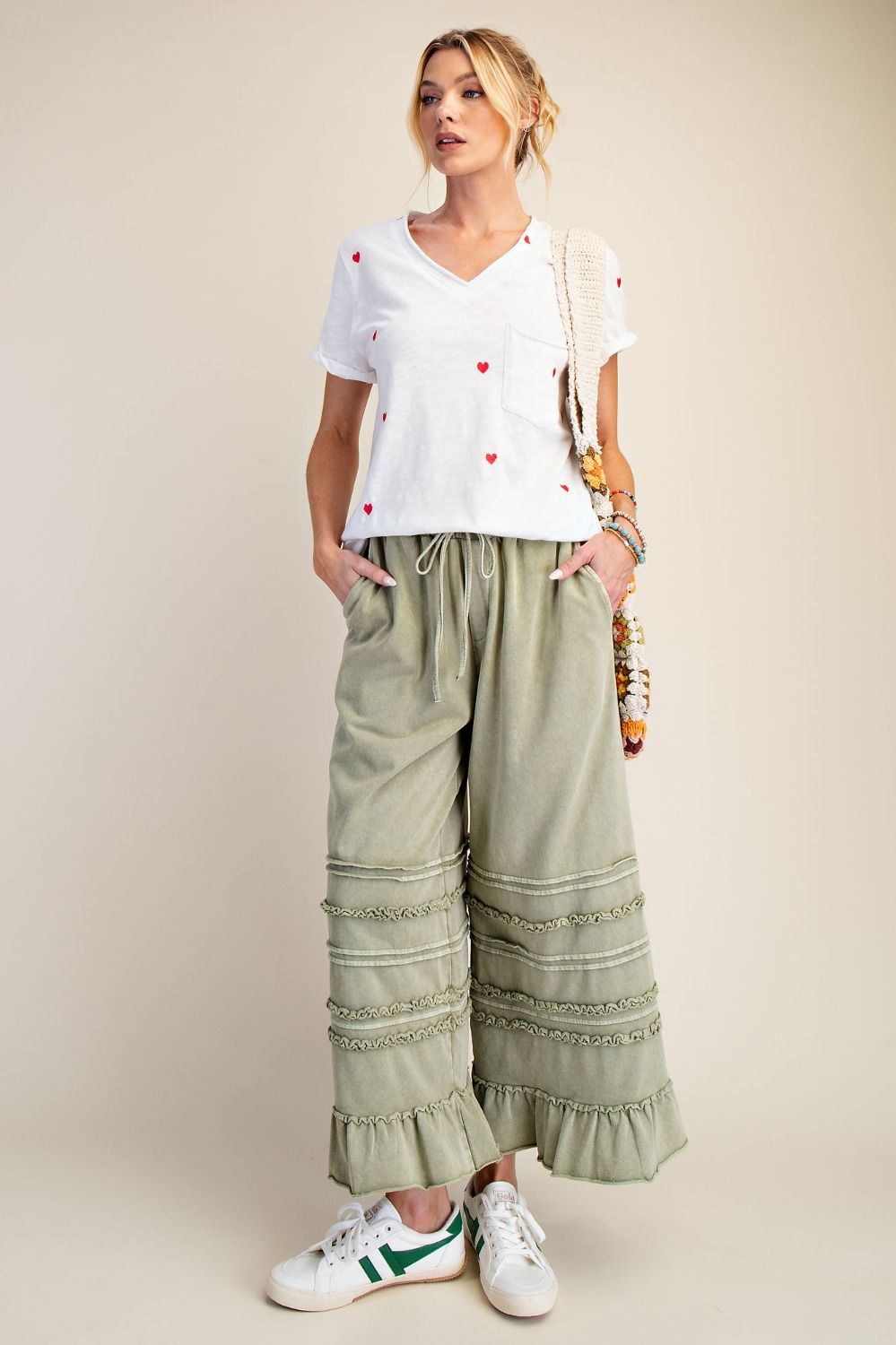 Easel Washed Terry Tiered Ruffle Wide Leg Pants