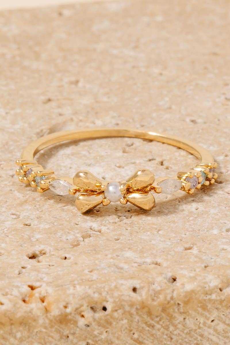 Pearl Stud Ribbon Bow Band Ring
