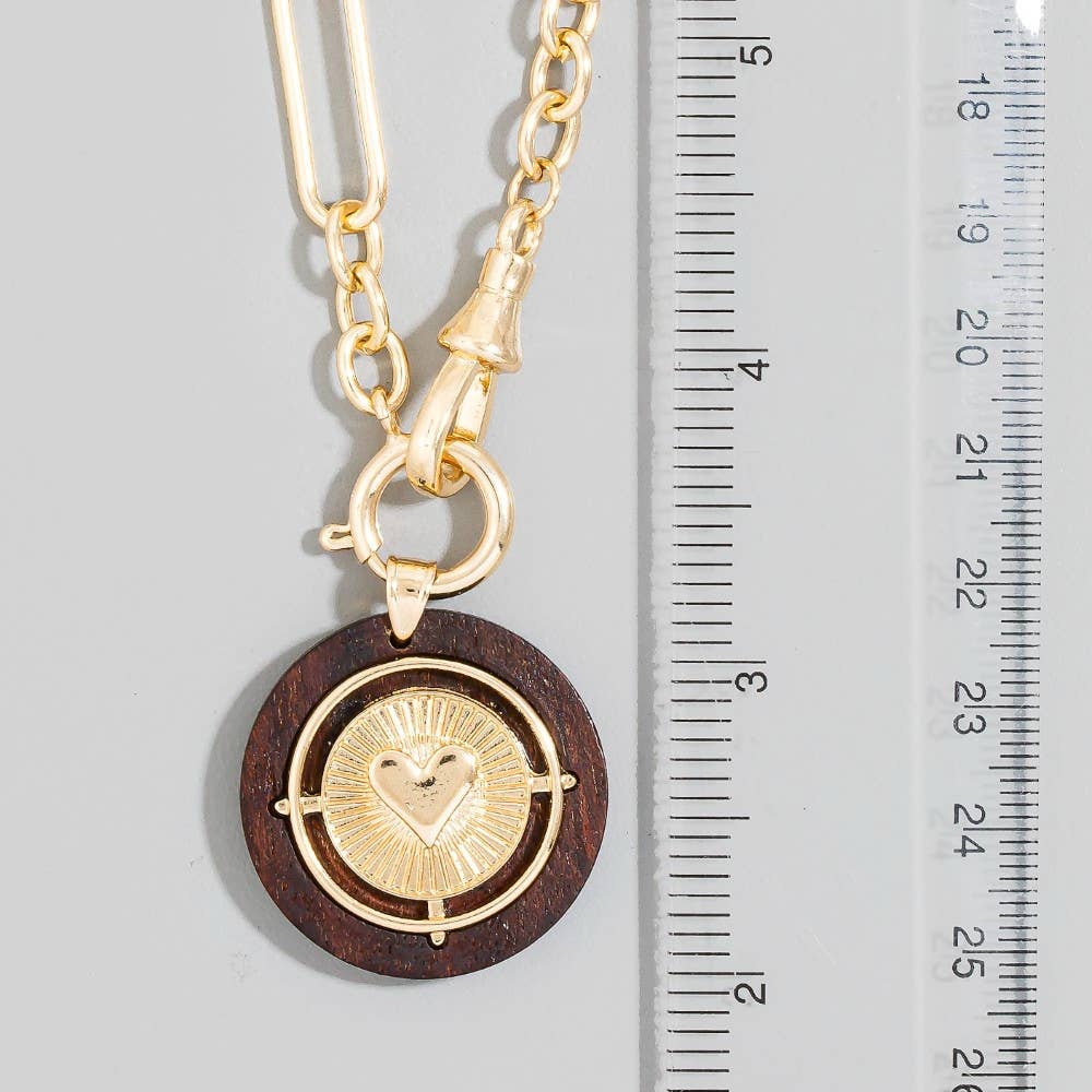 Paperclip Chain Wood Heart Coin Necklace