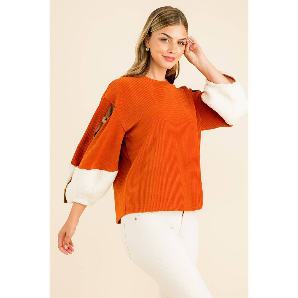 Valeria Velvet Sherpa Sleeve Top