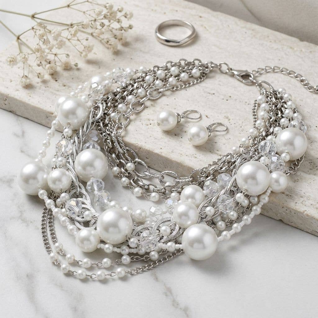 White Pearl 13 Strand Layered Silver Chain Necklace