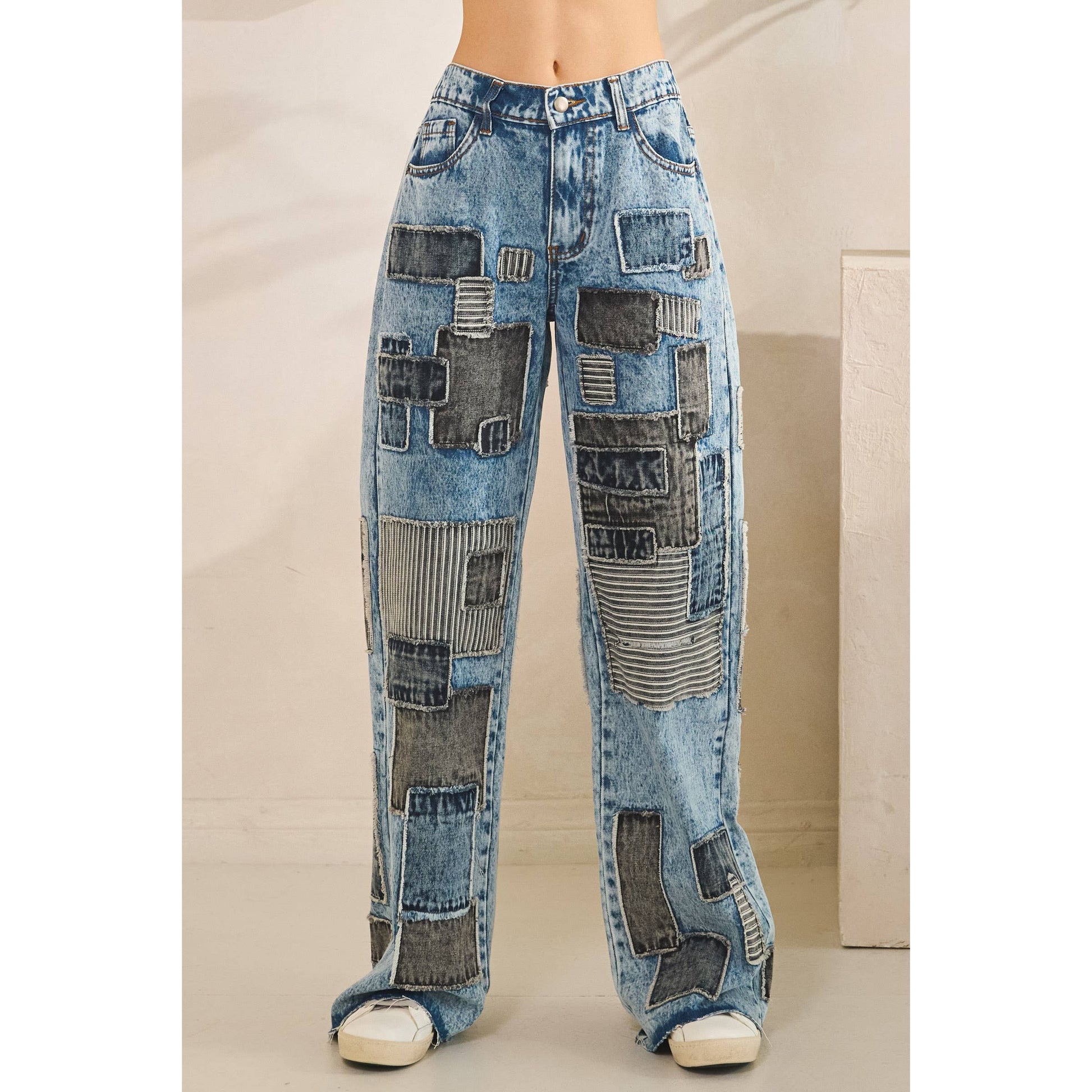 MULTI COLOR SQUARE PATCHWORK STRAIGHT JEANS
