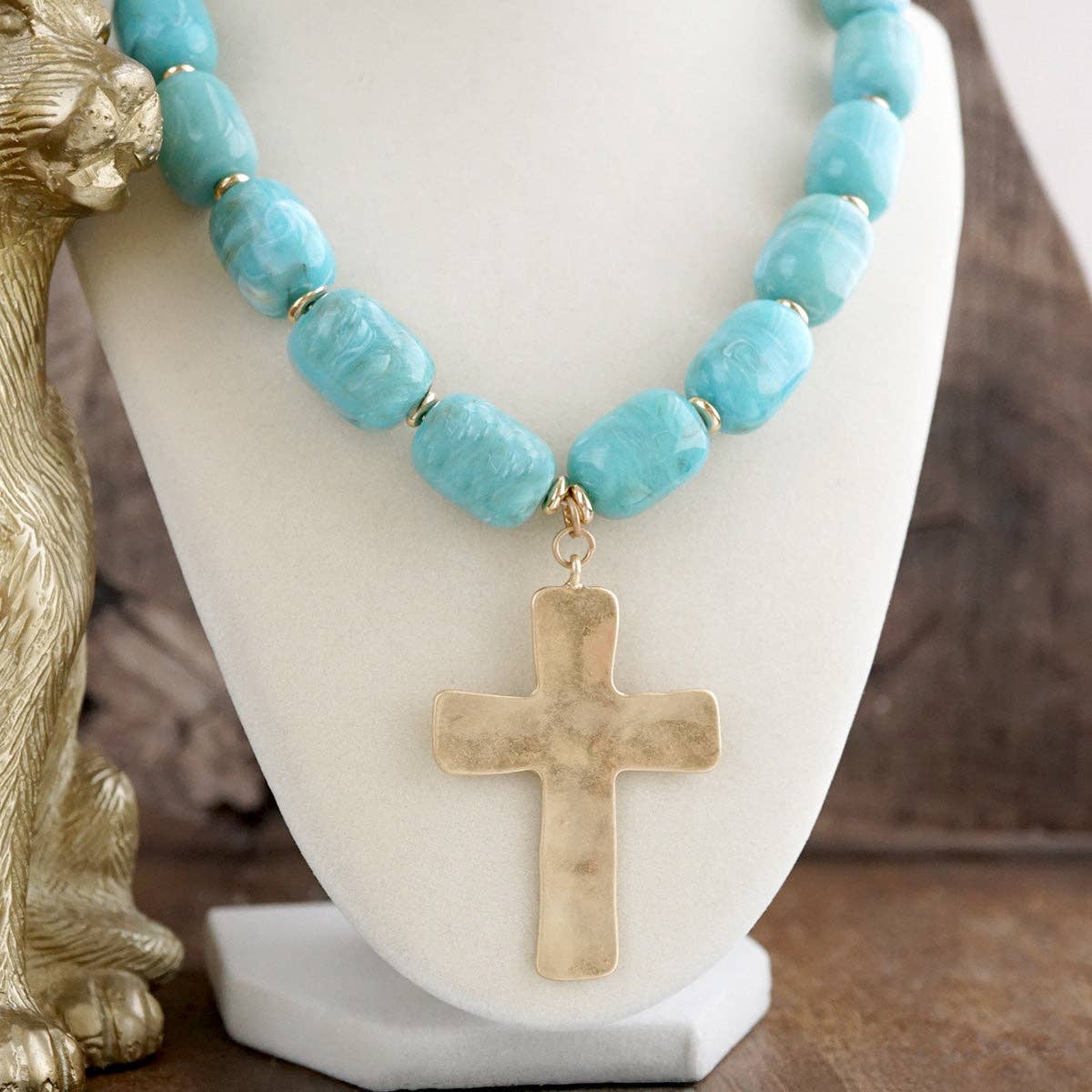 Chunky Statement Necklace – Acrylic Beads Gold Cross Necklace